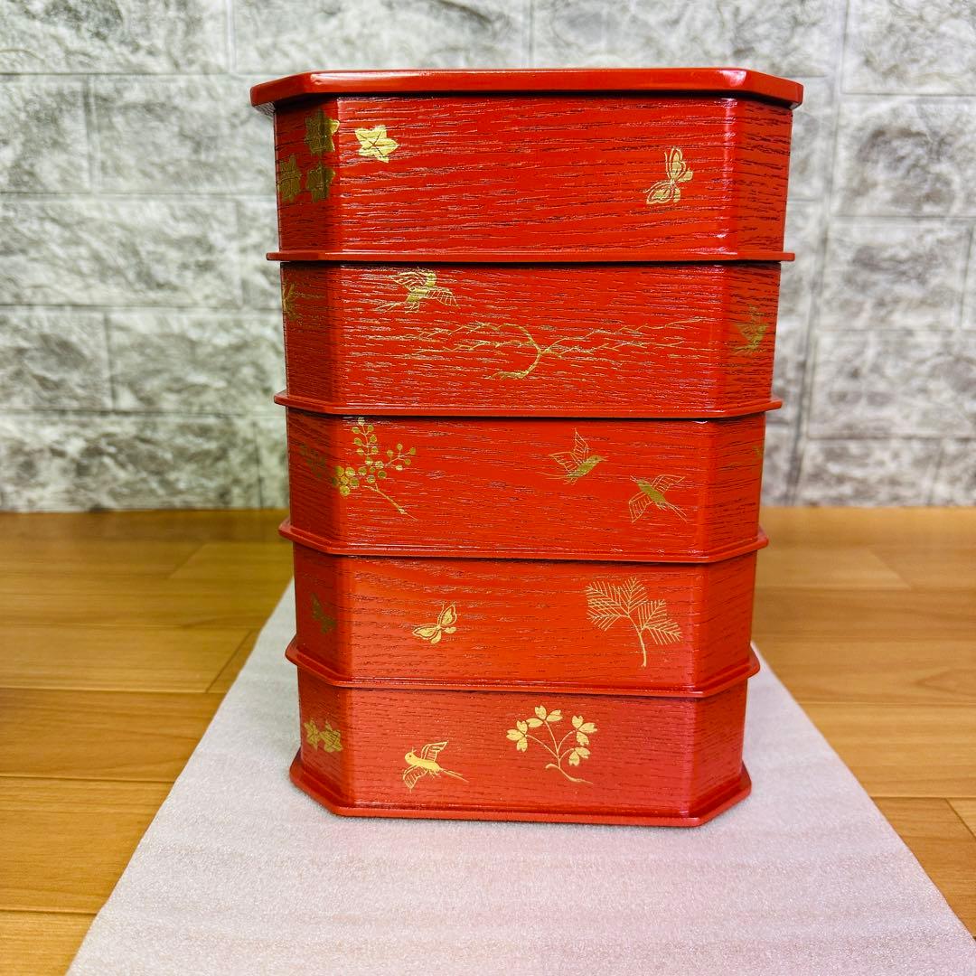 【茶道具　菓子器】縁高重　漆塗り　花鳥　中村湖彩作　5客