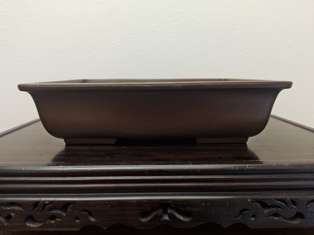 ブラウン 中型陶器盆栽鉢 長方形　落款　亀岡