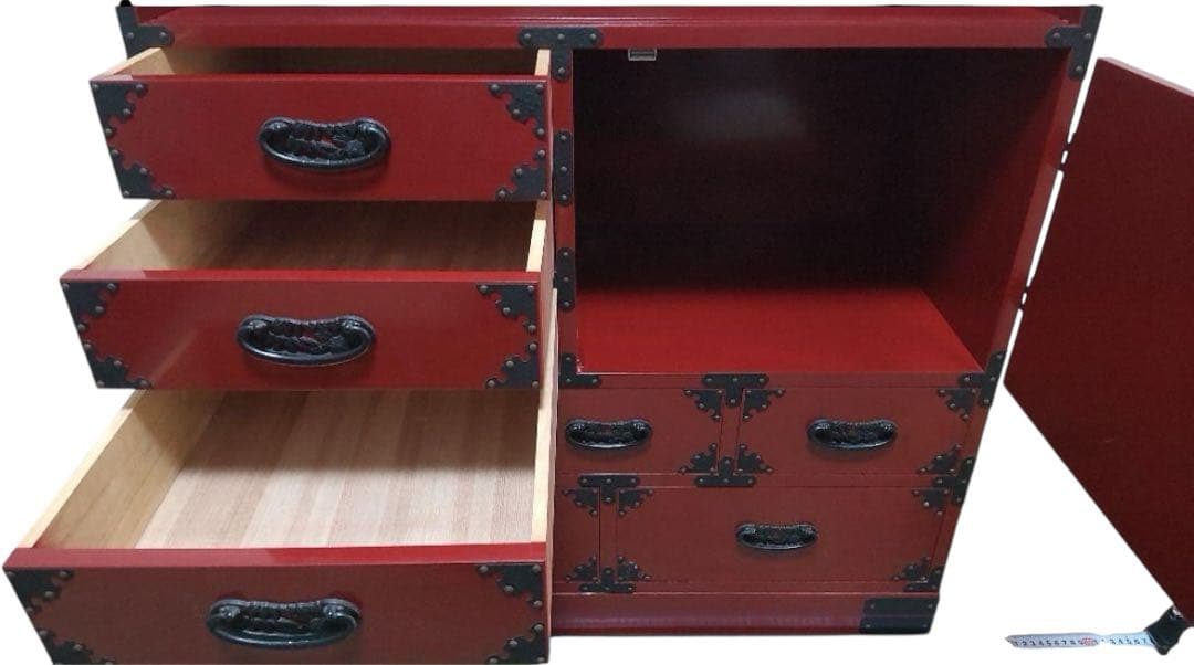 あべちゃん仙台箪笥　赤木肌木地呂漆塗り 彫金手打金具　高級　民芸家具