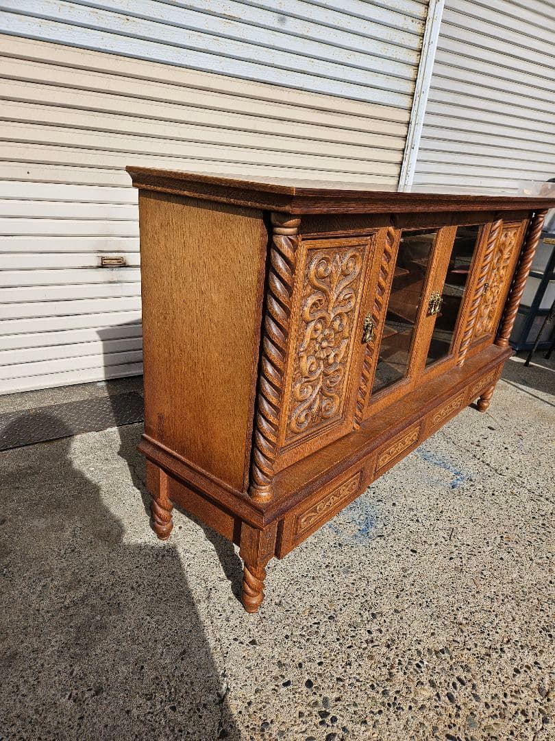 ヴィンテージ 日家工芸株式会社 木彫りのサイドボード ガラス 飾り棚 家具