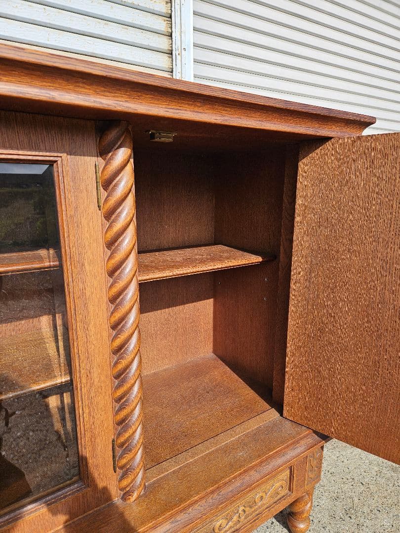 ヴィンテージ 日家工芸株式会社 木彫りのサイドボード ガラス 飾り棚 家具