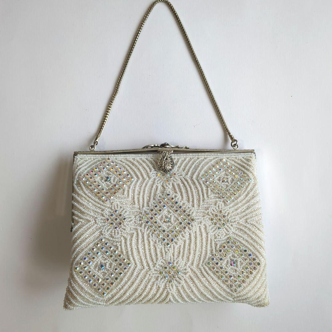 貴重可愛い✨昭和レトロなレアなビーズバッグ　はしもと　白　和小物　洋　夏コーデ