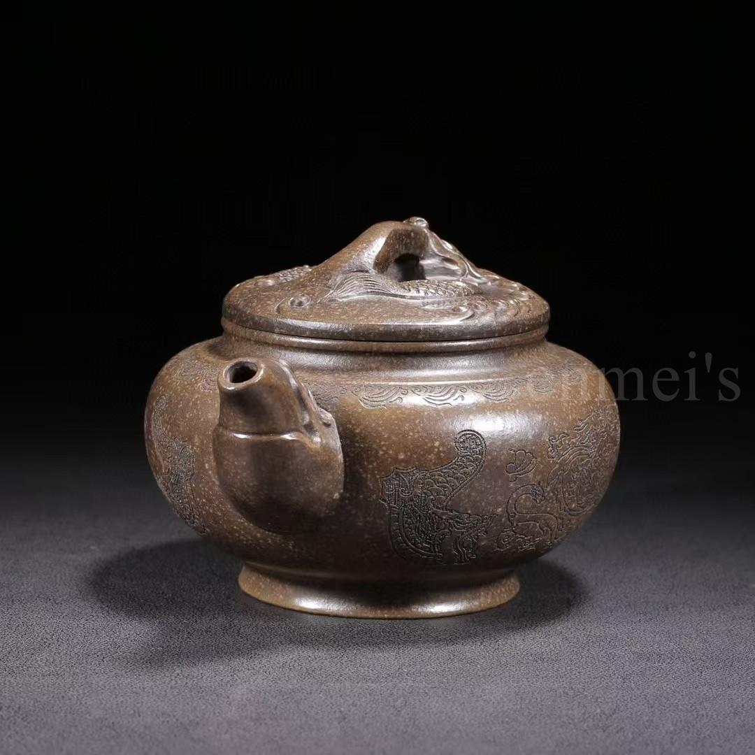 中国古美術・原鉱古銅泥魚躍龍門紫砂壺・底款：徐漢棠・紫砂壺・朱泥・急須・茶道具