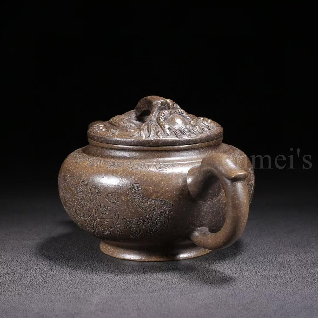 中国古美術・原鉱古銅泥魚躍龍門紫砂壺・底款：徐漢棠・紫砂壺・朱泥・急須・茶道具