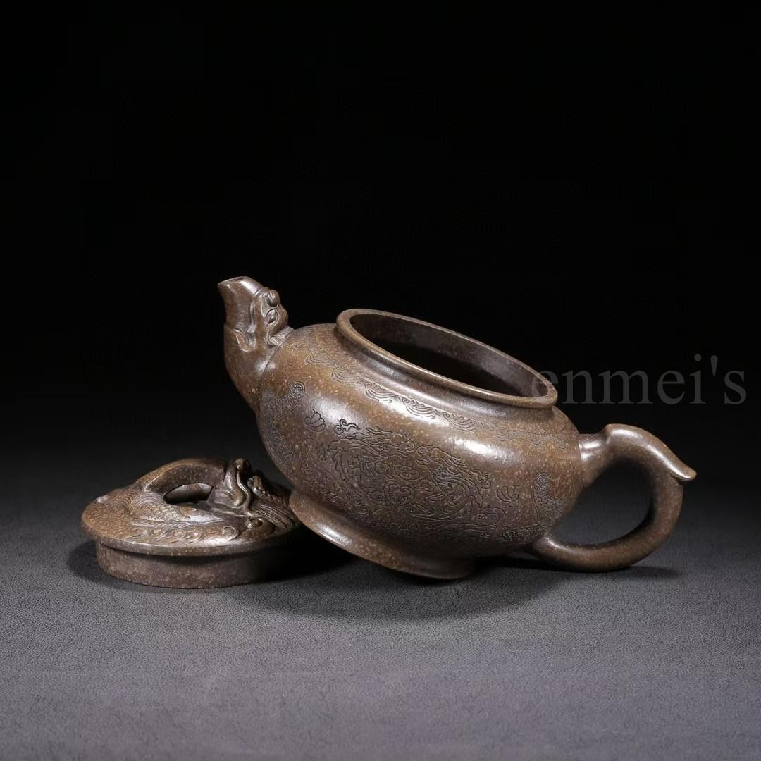 中国古美術・原鉱古銅泥魚躍龍門紫砂壺・底款：徐漢棠・紫砂壺・朱泥・急須・茶道具