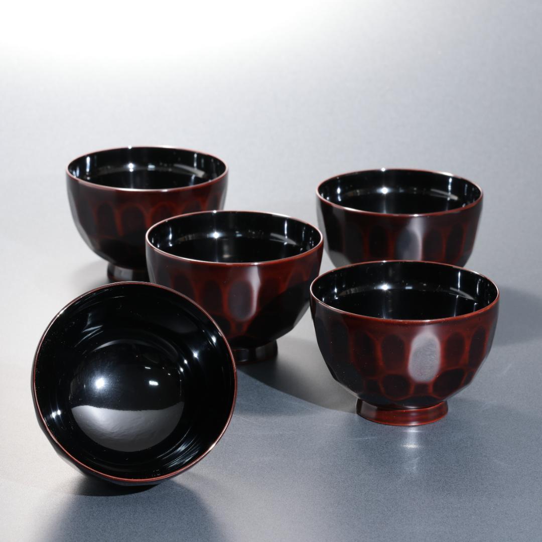 輪島塗　吸物椀５客　渦文　共箱　漆塗蓋つき椀　R1588