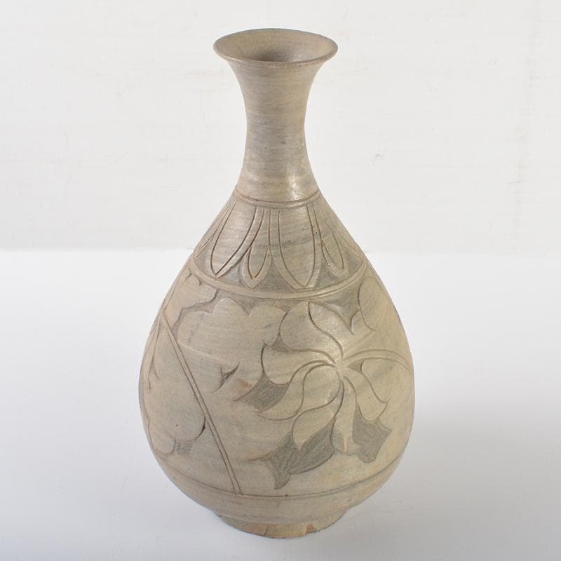 朝鮮美術　李朝　彫三島花草文瓶　時代箱付　V　R6548B