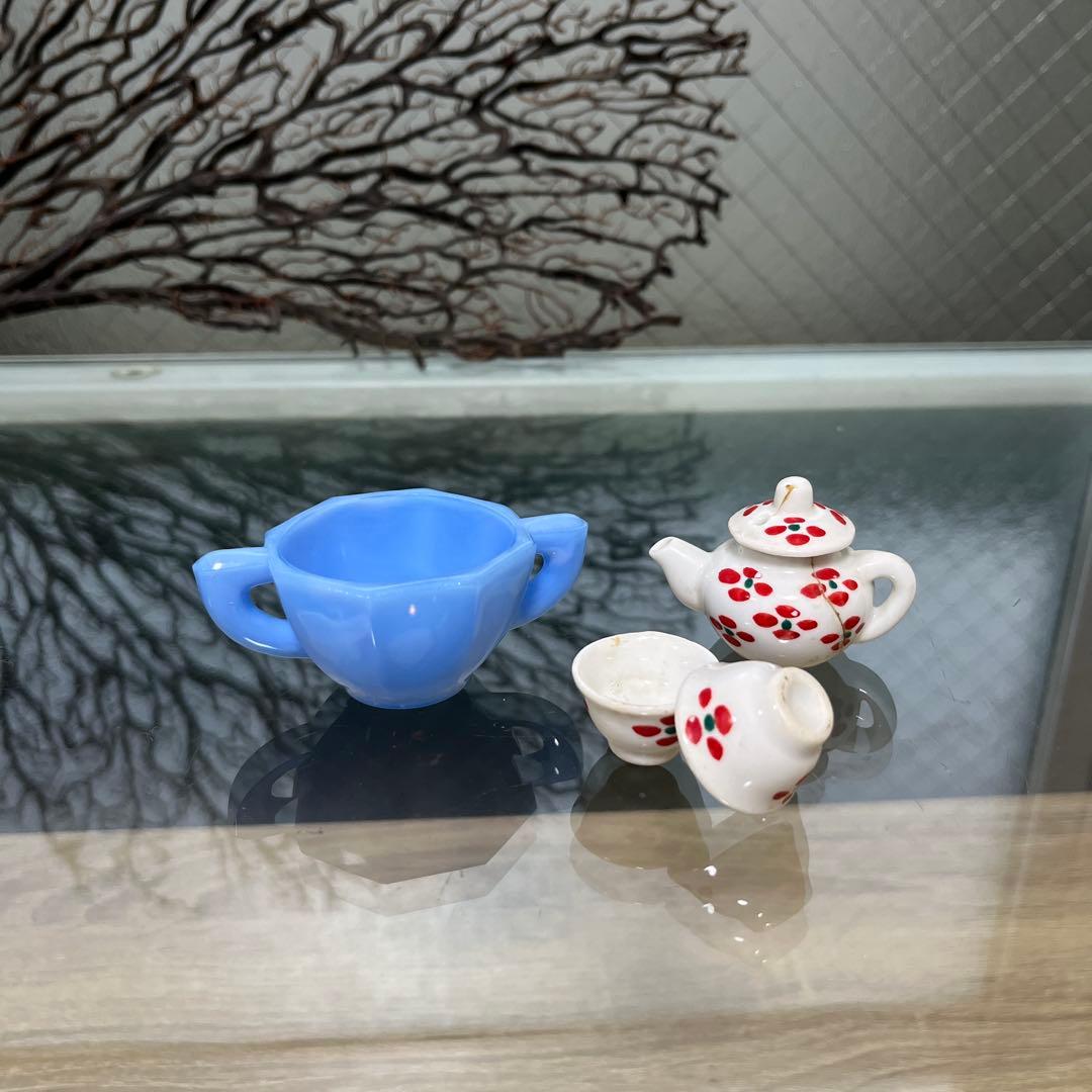 骨董　レトロガラス　紫陽花色　練りガラス　八角型　双耳付き豆鉢　刻印有り ウラン