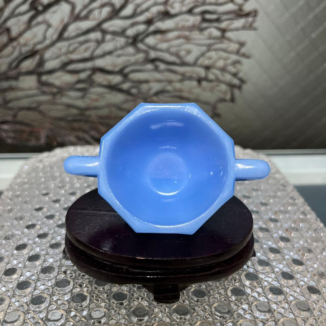 骨董　レトロガラス　紫陽花色　練りガラス　八角型　双耳付き豆鉢　刻印有り ウラン