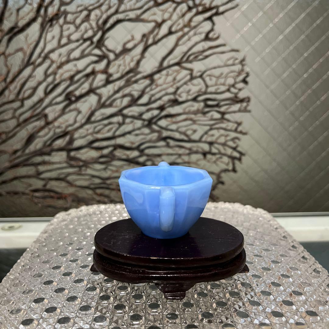 骨董　レトロガラス　紫陽花色　練りガラス　八角型　双耳付き豆鉢　刻印有り ウラン