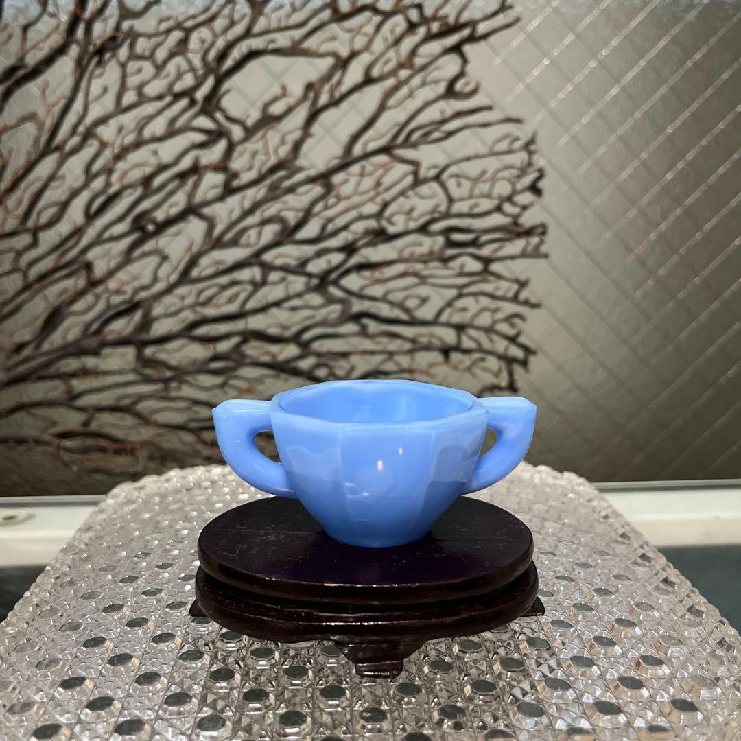 骨董　レトロガラス　紫陽花色　練りガラス　八角型　双耳付き豆鉢　刻印有り ウラン