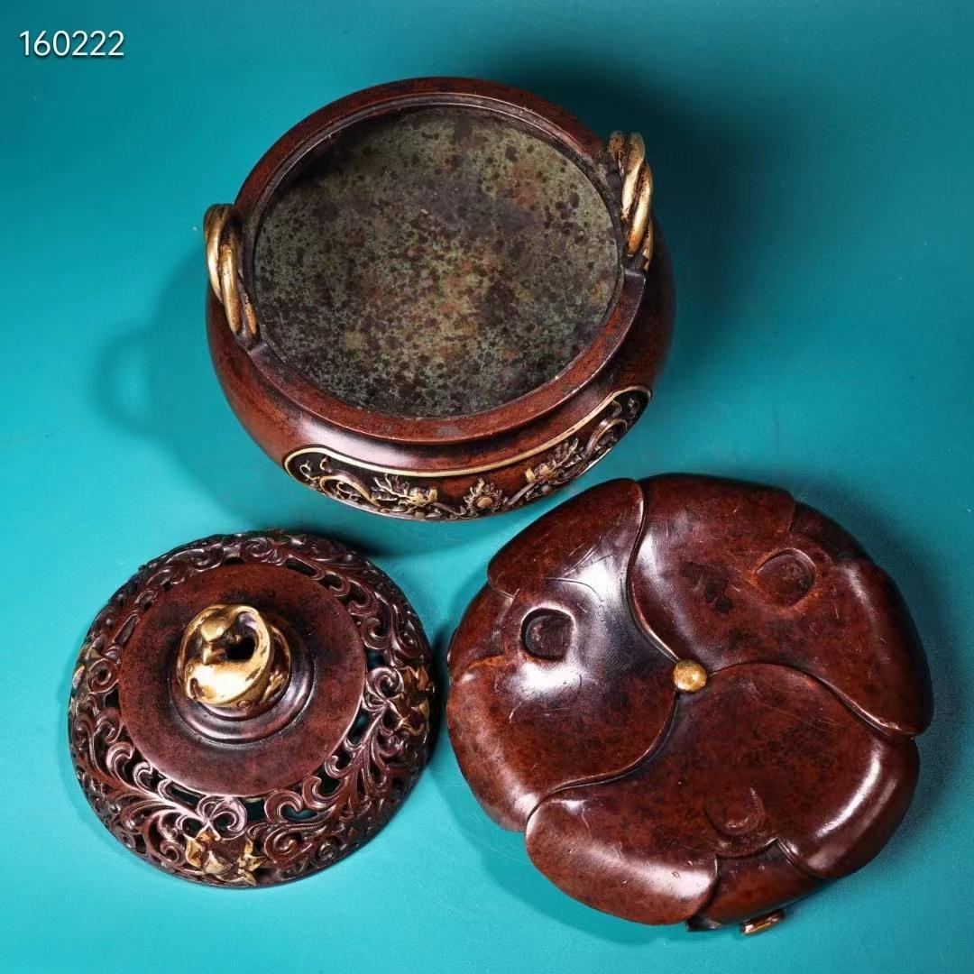 中国古美術・珍蔵・紫銅制・純手作り・鎏金高浮彫香炉・熏香爐・置物・文房具・書道品