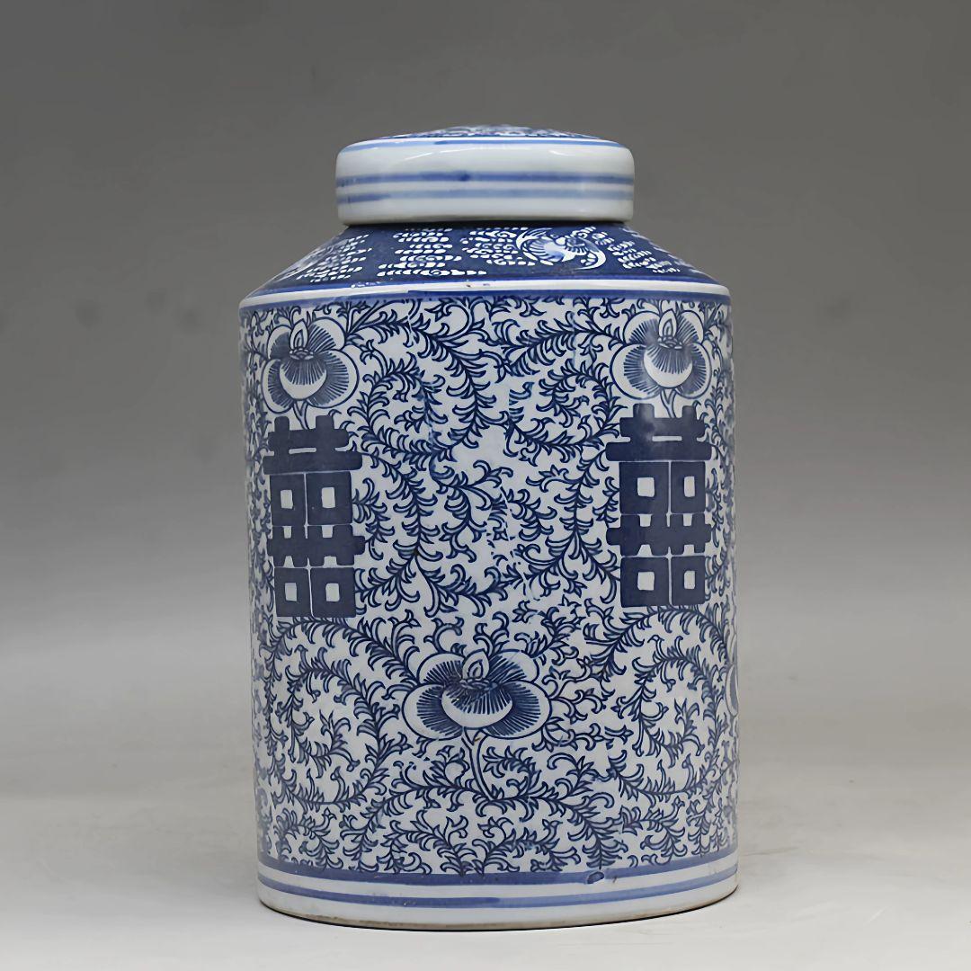 青花纏連蓋缶 茶道具 景徳鎮 陶磁器 装飾品 現代工芸品 美術品 置物