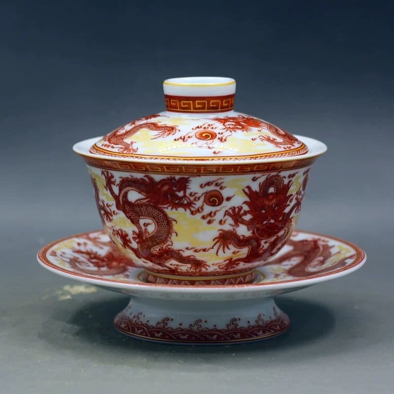 中国茶器 紅竜三才蓋碗 茶碗 湯飲み煎茶器 新品未使用