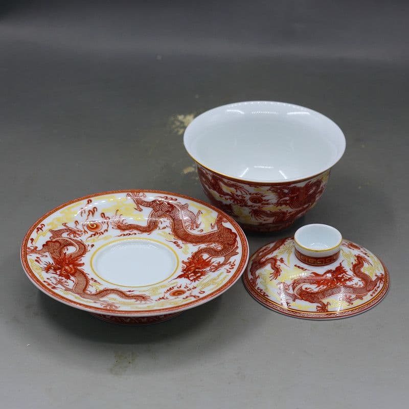 中国茶器 紅竜三才蓋碗 茶碗 湯飲み煎茶器 新品未使用