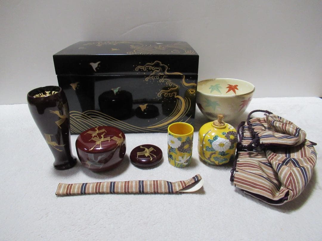 茶道具　蒔絵茶箱セット　波に千鳥　茶箱中皆揃い　共箱