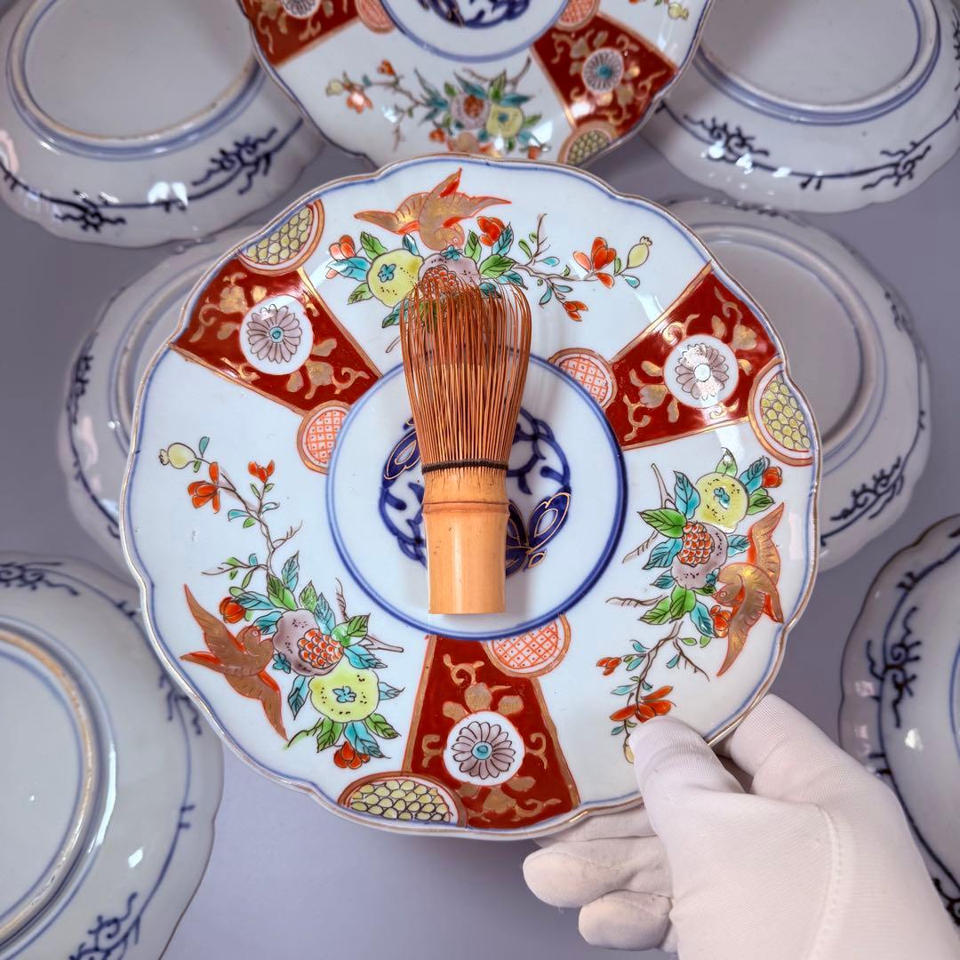 古伊万里　色絵三方柘榴鳥文様七寸皿　8枚　直径21.8㎝　料理屋　古器を楽しむ