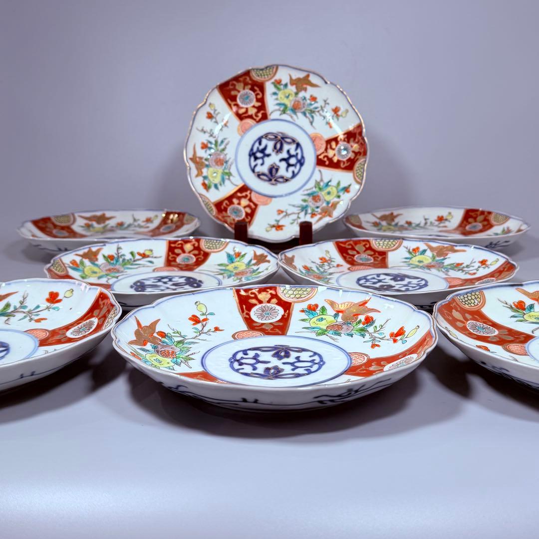古伊万里　色絵三方柘榴鳥文様七寸皿　8枚　直径21.8㎝　料理屋　古器を楽しむ