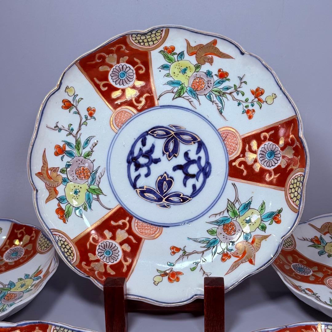 古伊万里　色絵三方柘榴鳥文様七寸皿　8枚　直径21.8㎝　料理屋　古器を楽しむ