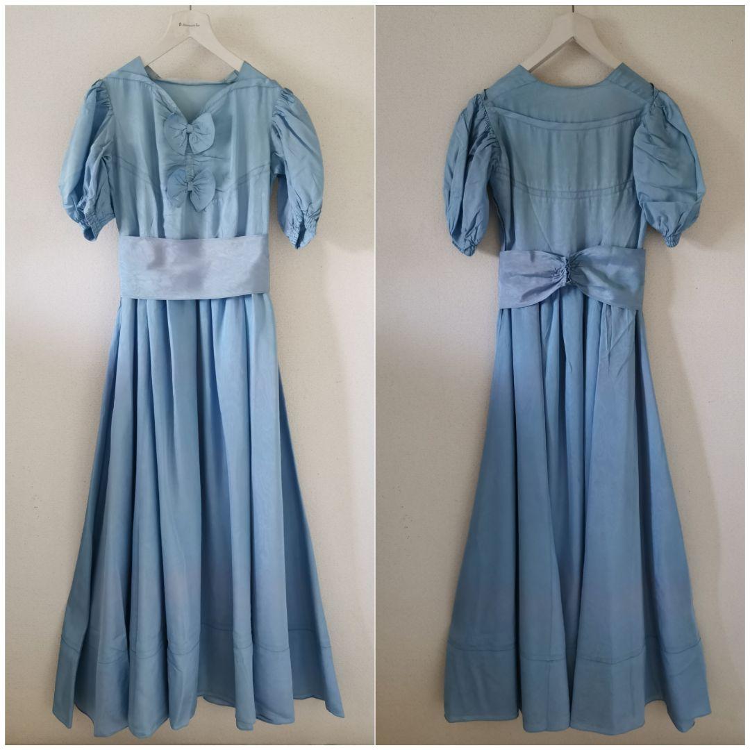 アンティークフランス オーダーメイド手縫 一点物ブルーボウ付き ロングワンピース