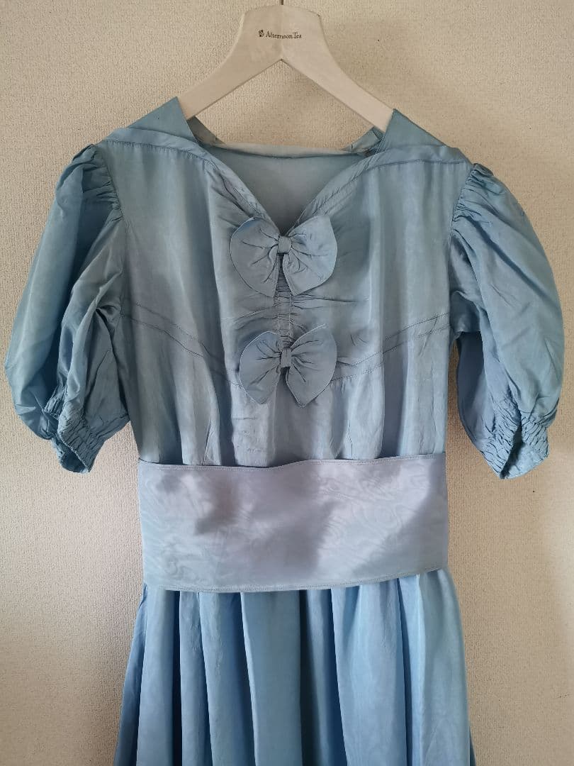 アンティークフランス オーダーメイド手縫 一点物ブルーボウ付き ロングワンピース