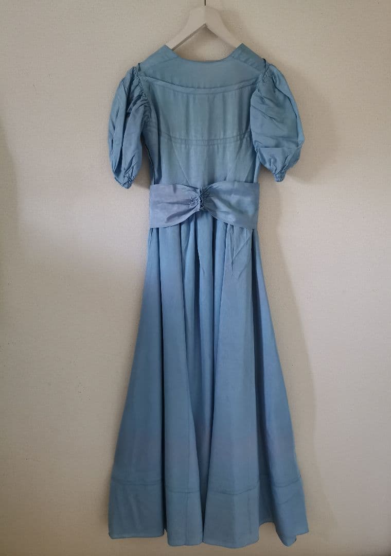 アンティークフランス オーダーメイド手縫 一点物ブルーボウ付き ロングワンピース