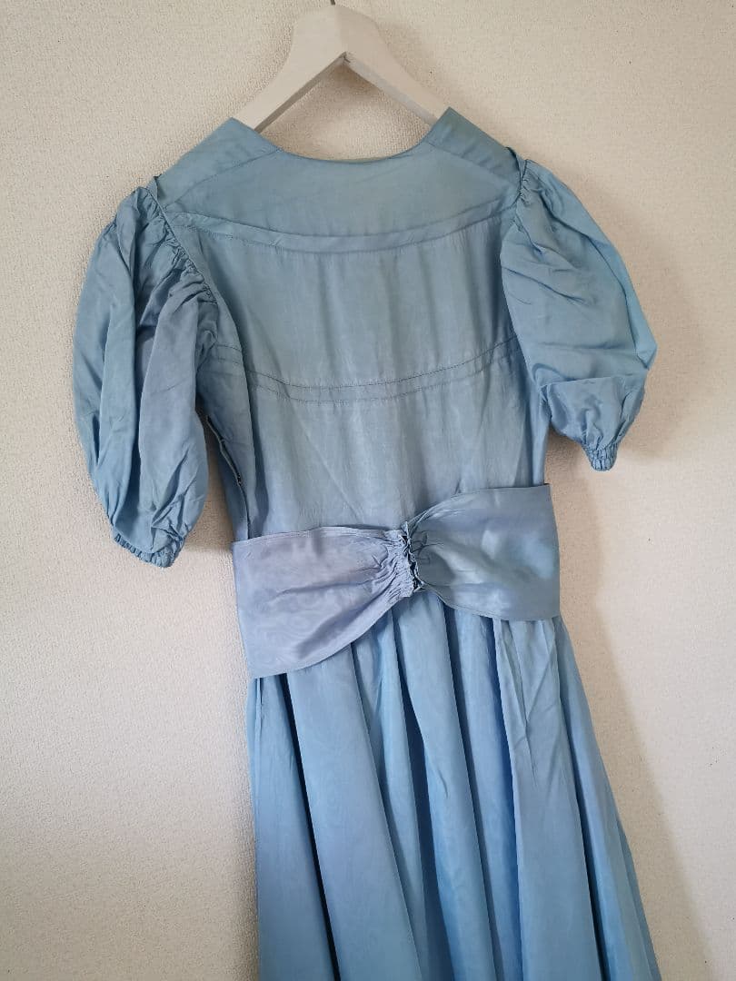 アンティークフランス オーダーメイド手縫 一点物ブルーボウ付き ロングワンピース