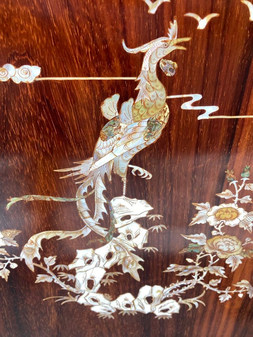 木彫衝立 羽士白玉書 漢詩 螺鈿細工 花梨 木製