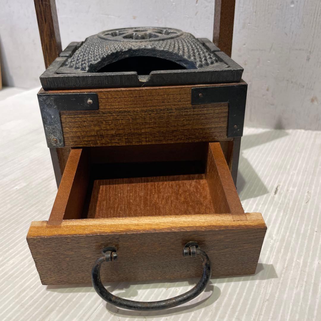 一点もの 希少品 【和骨董】木製 火鉢 煙草盆 抽斗付き 時代物 灰皿付き
