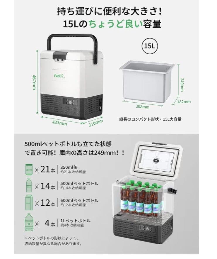ポータブル　車載冷蔵庫　F40C4TMP　車中泊　アウトドア　15L