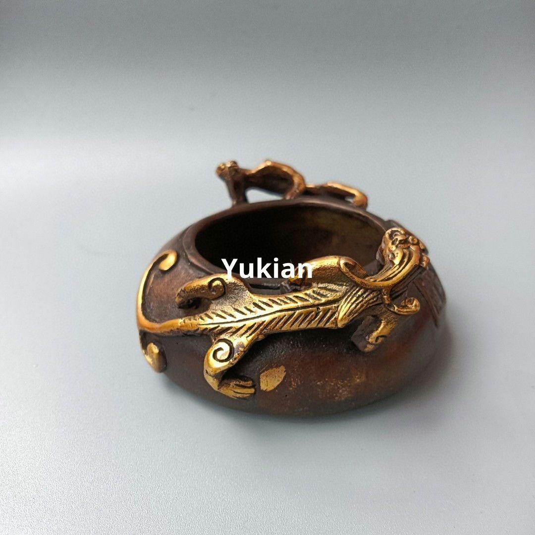 銅製 双龍耳灰皿 筆洗 書道具 文房具 工芸品 装飾品
