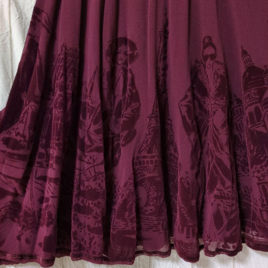 バーガンディ フレアスカート 風景プリント