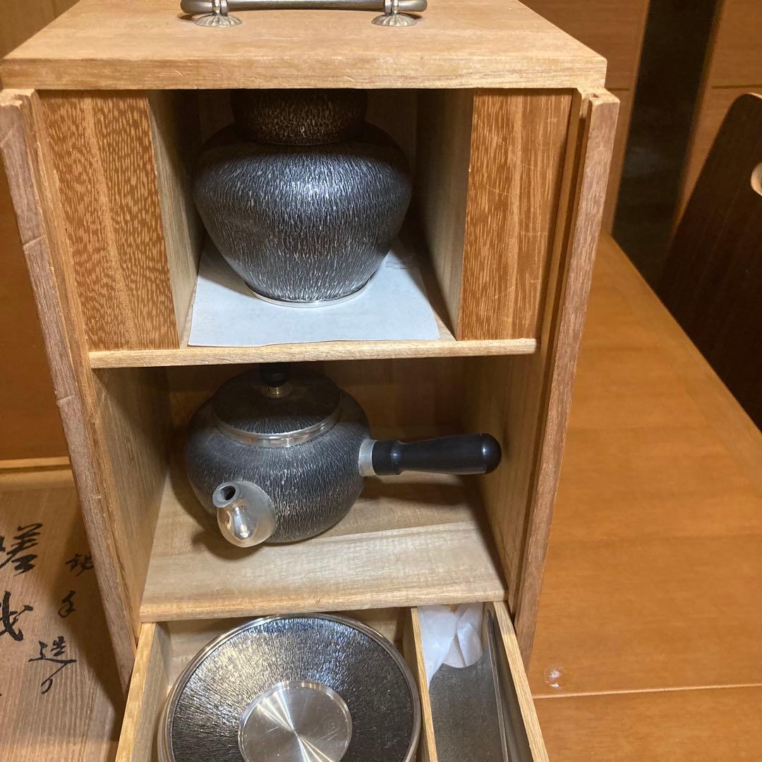 嵯峨野 本錫 手造り 茶器揃い 共箱付 急須 茶壺 茶托 茶合 受皿 木箱