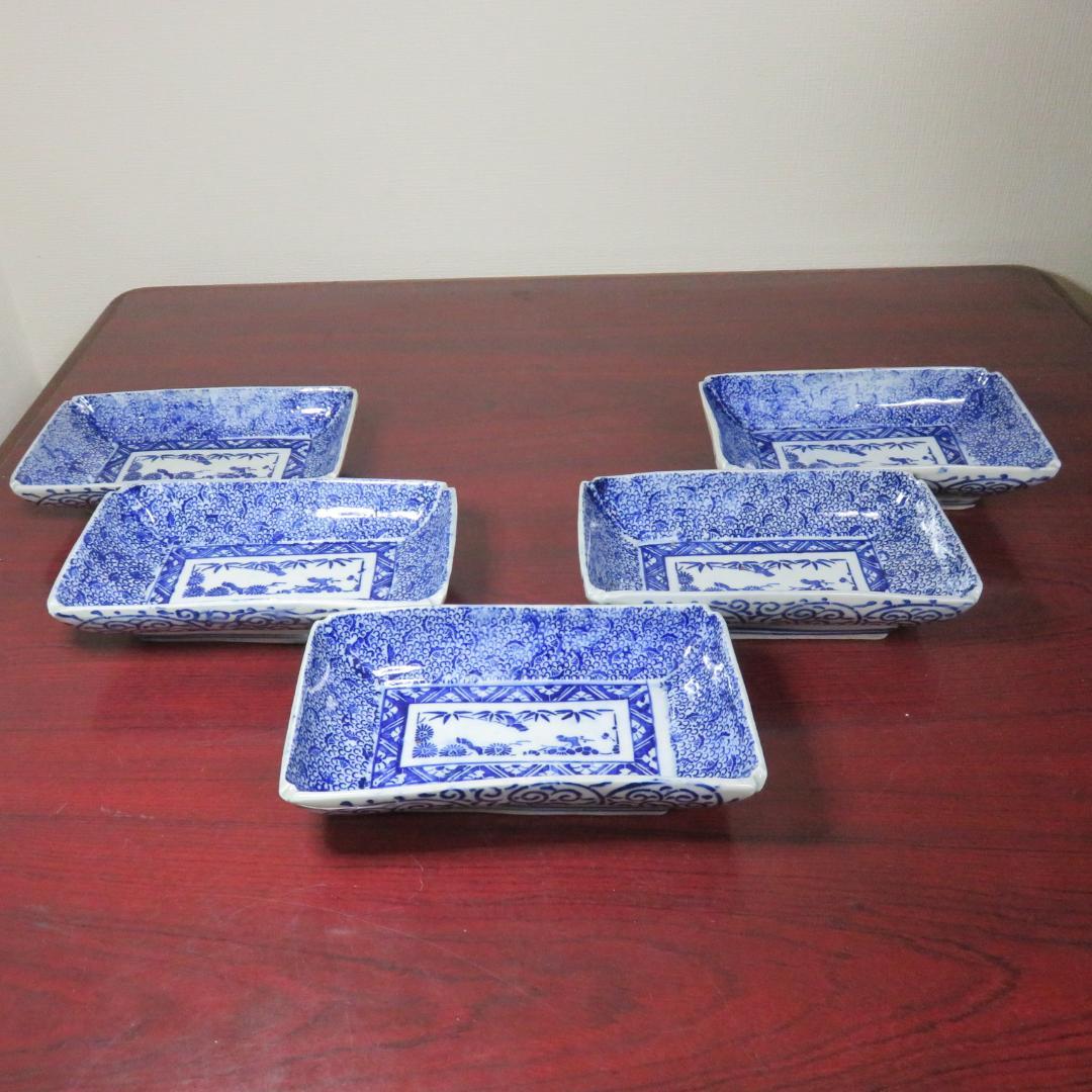 角皿 角長皿 印判 染付 微塵唐草 明治 大正 ベロ藍 松竹梅 窯傷