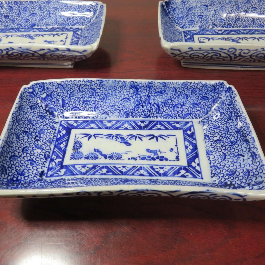 角皿 角長皿 印判 染付 微塵唐草 明治 大正 ベロ藍 松竹梅 窯傷