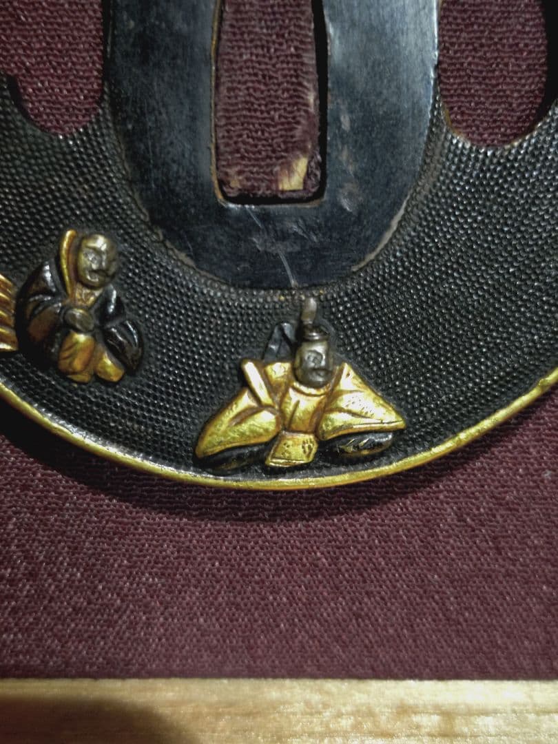 赤銅 魚子地 象嵌 人物 鍔 武者 僧侶 金工 武具 刀装具