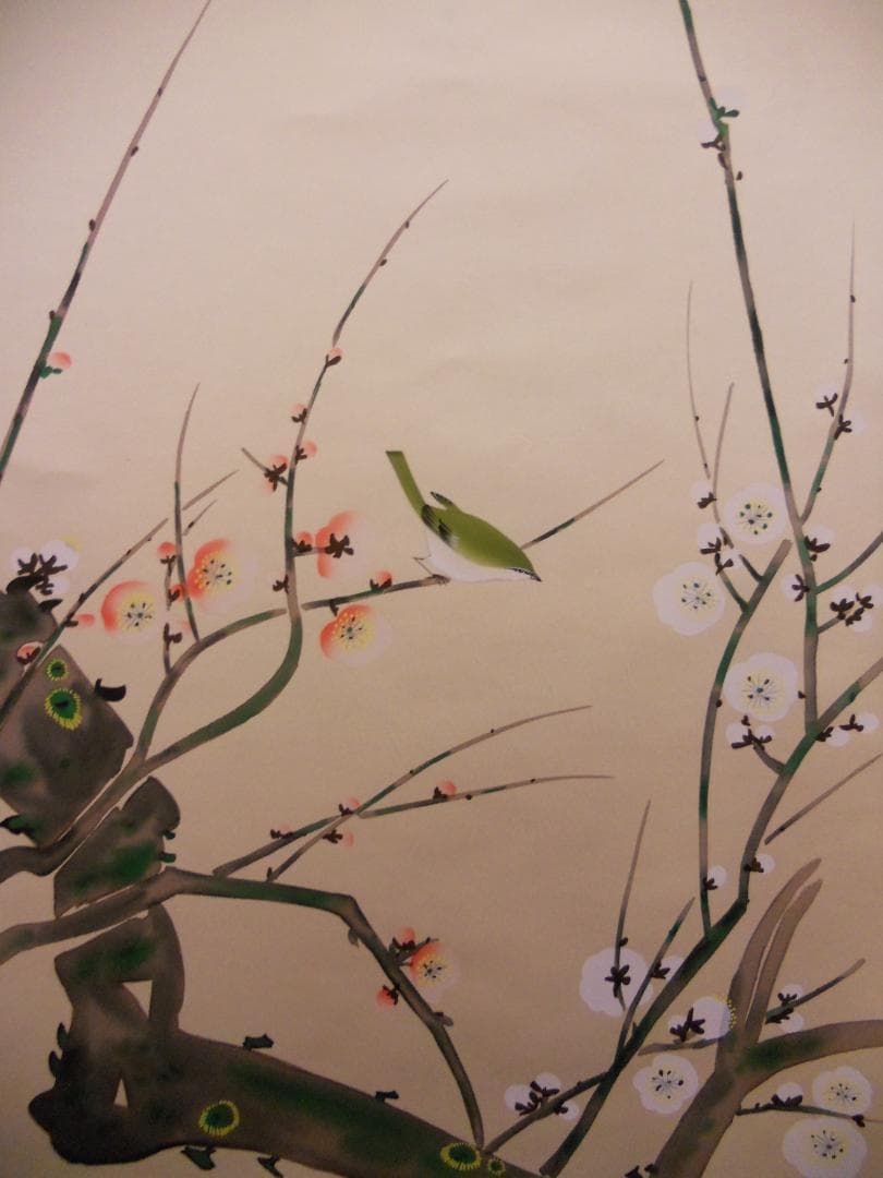 掛け軸 河田雲鳳 早春梅鶯図 絹本 希少 軸装 茶道具 掛軸 美品 です。