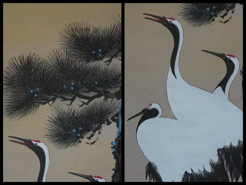 江戸期 狩野芳崖作『寿老鶴亀之図』肉筆 新作 絹本 日本画家作品 掛軸 共箱