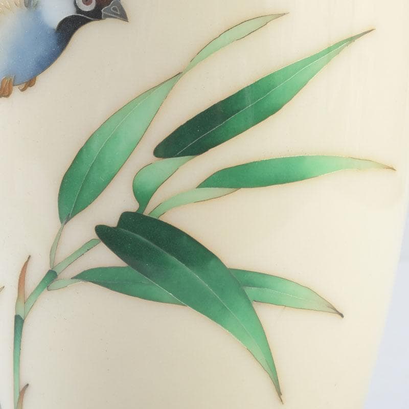 七宝焼　白釉　草鳥文　花瓶　時代箱　V　9663