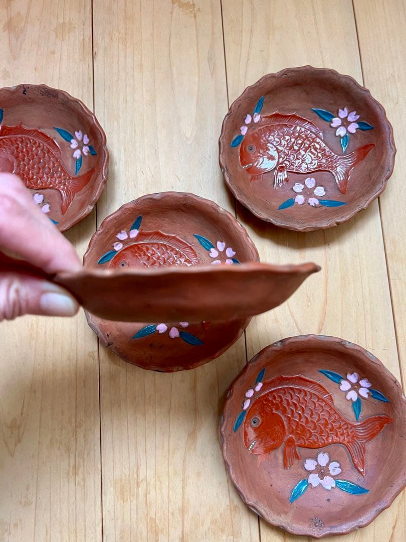 せんべい皿　鯛の図B 5枚セット　絵備前　色備前　備前焼　小皿　アンティーク