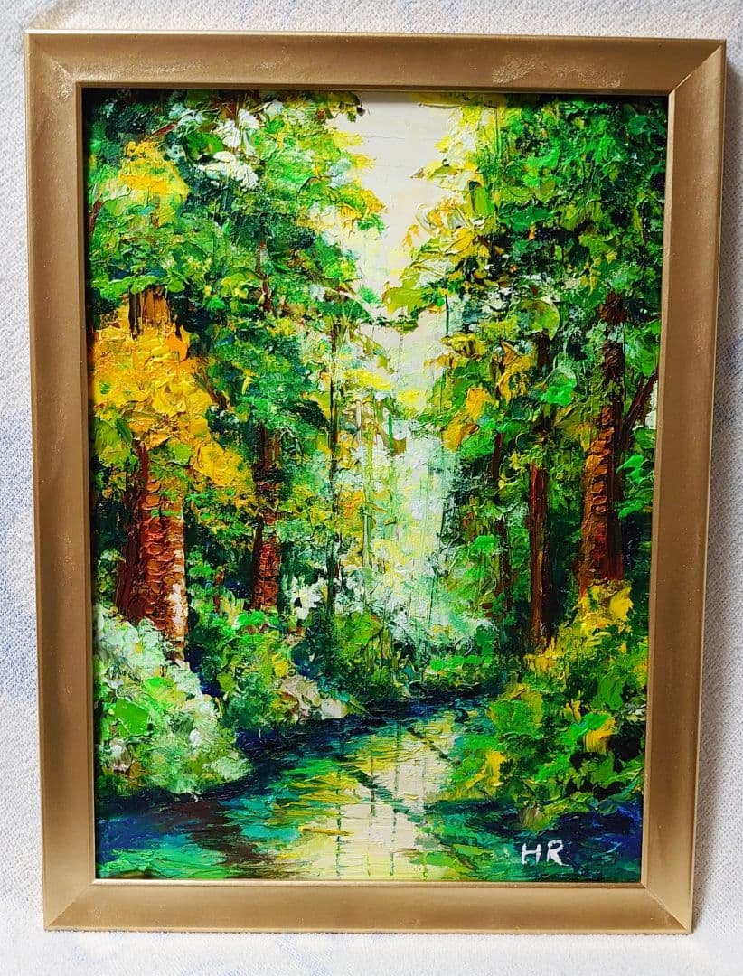 油絵 絵画 【森の湖】【Ａ3】