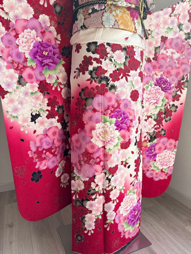 可愛い♡振袖フルセット（７点）　正絹　成人式　白・赤系