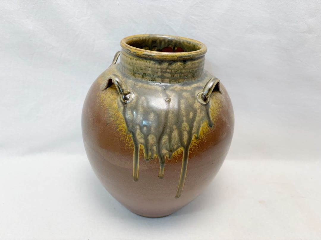 未使用 茶道具 市野克明作 丹波 飾り壺 茶壺 陶印 飾網紐付 四つ耳壷 共箱