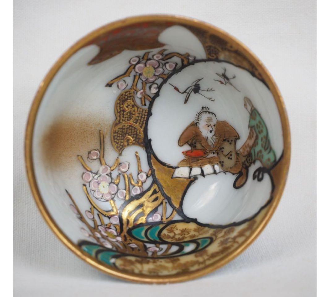 送料無料　明治～大正期　細密絵九谷焼煎茶碗5客　本金使用 完品無傷