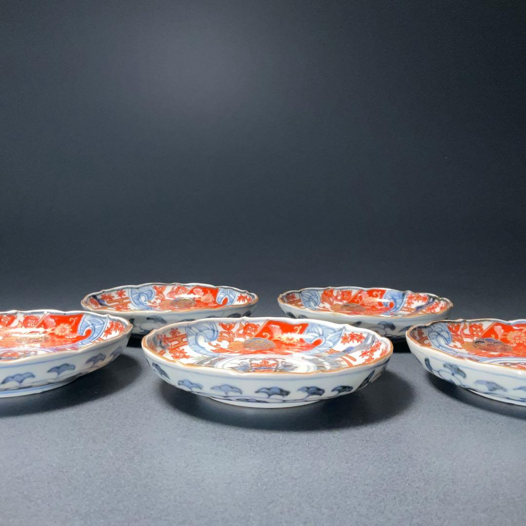 伊万里金襴手 花籠図小皿５枚組　桐箱付　∅11　骨董　古伊万里　R1292お12