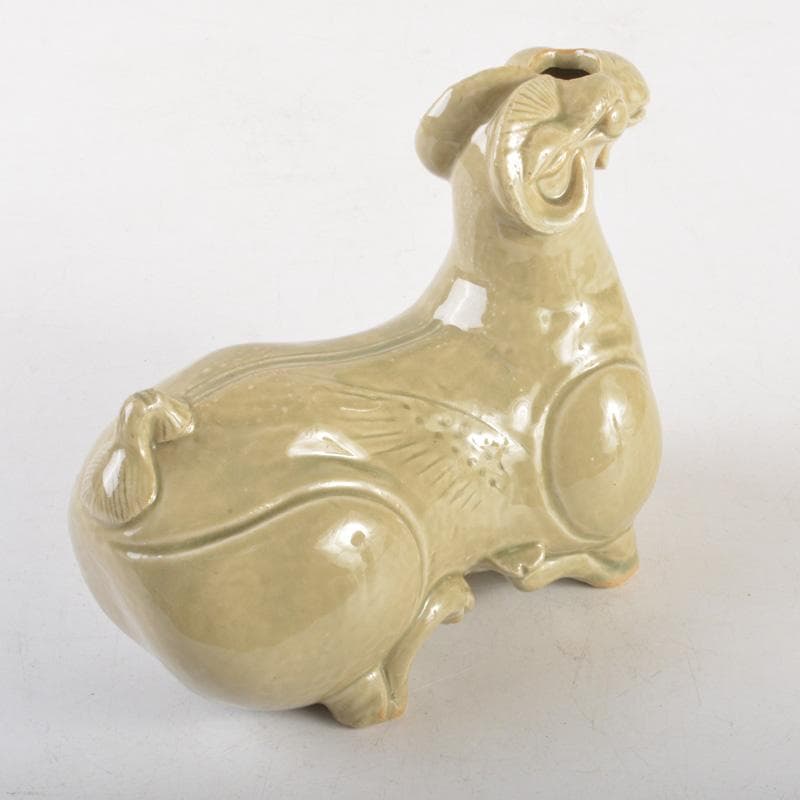 中国　倣越州窯青磁　羊形　火灯　燭台　証書付　C　6515