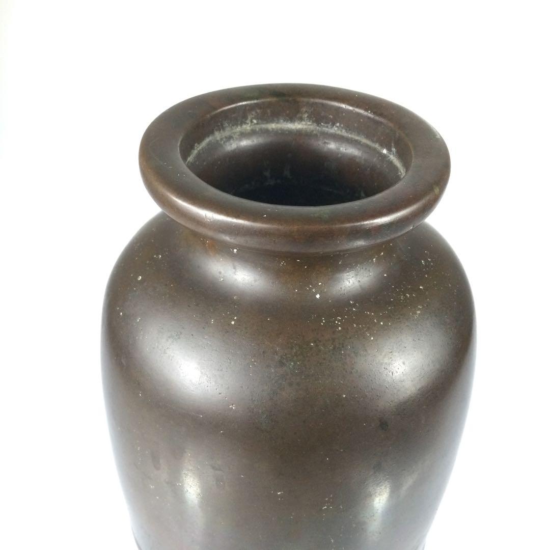 銅製 銀象嵌鯉文花瓶 黄直作 鯉高肉彫 花器 花生 重量1515g 時代物Mcナ