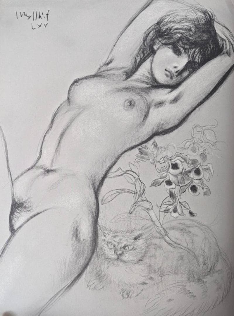 古沢岩美、「花と猫と女」、厳選、希少画集・額装画、限定800部