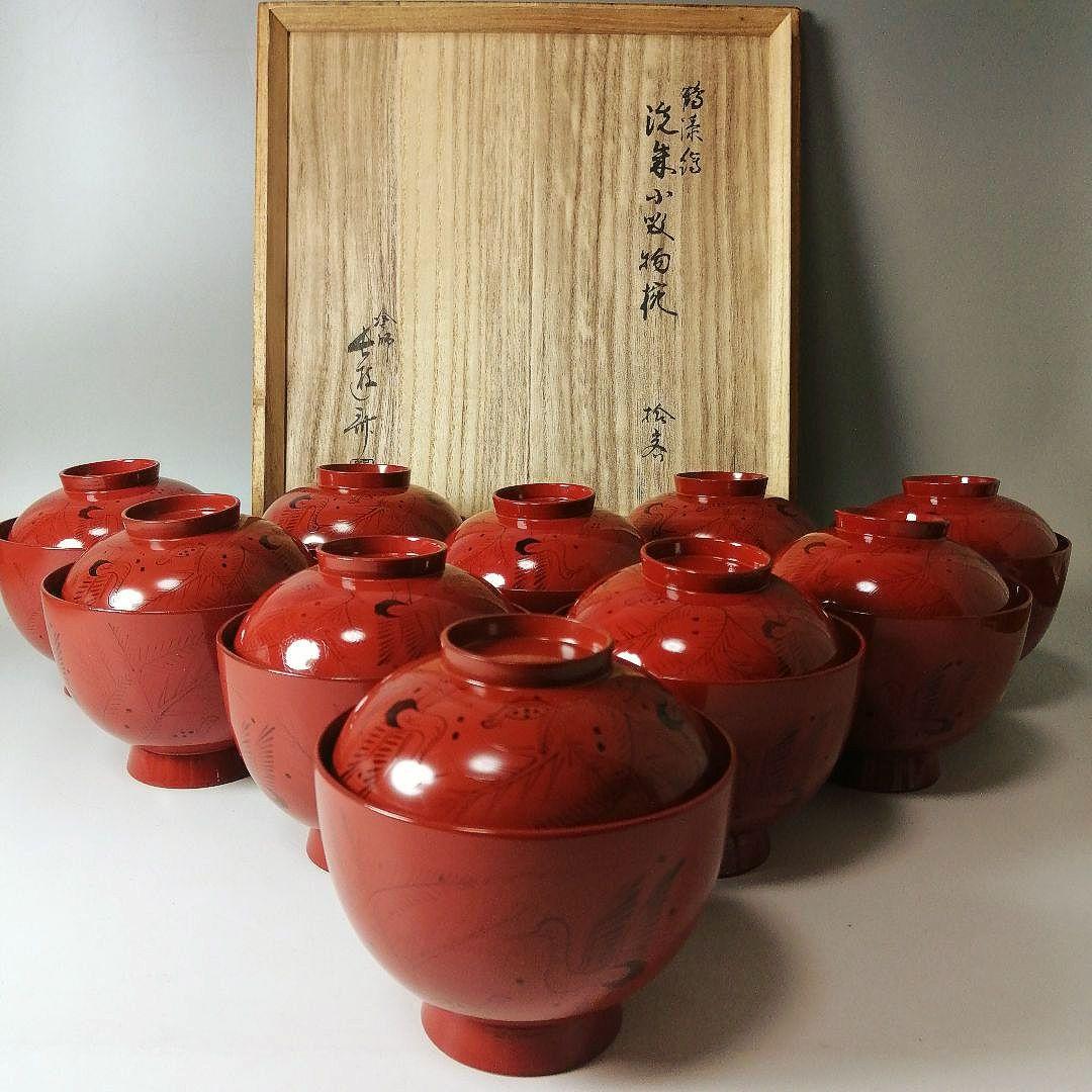 塗師　長遊斎　鶴漆絵　沈朱小吸物椀　拾客　　朱塗　鶴絵　木製　懐石　会席　茶道具