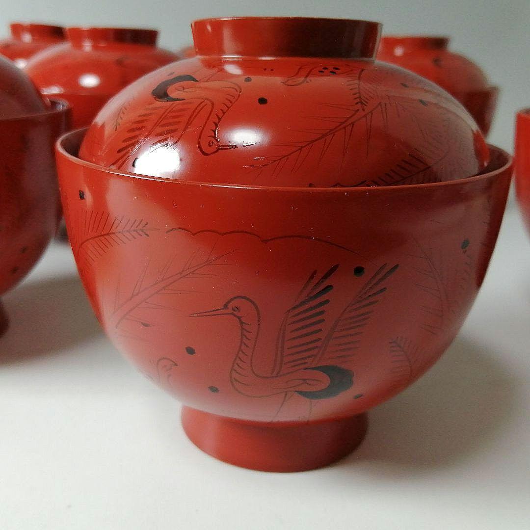 塗師　長遊斎　鶴漆絵　沈朱小吸物椀　拾客　　朱塗　鶴絵　木製　懐石　会席　茶道具